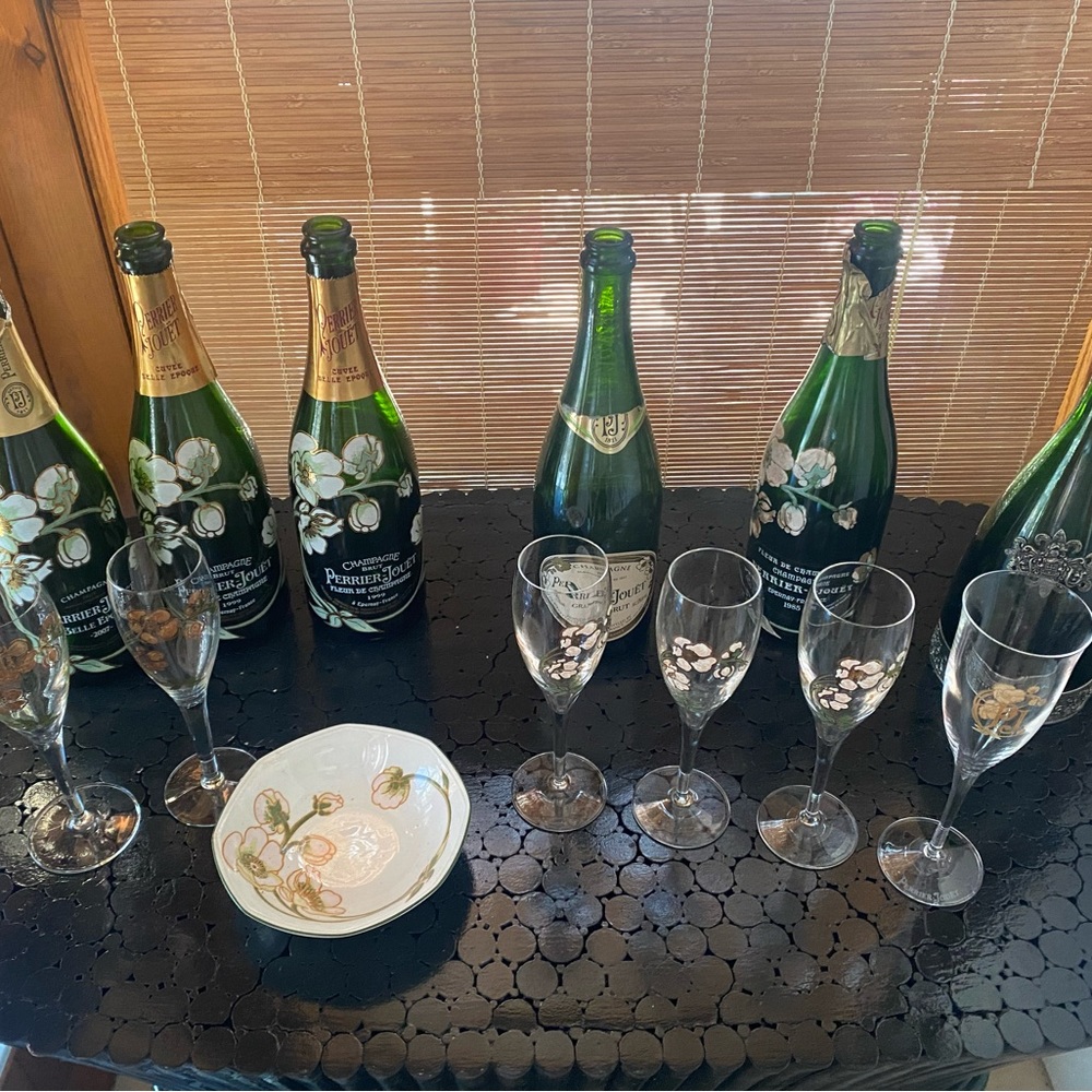 Perrier Jouet champagne glasses and dish.  Antique.